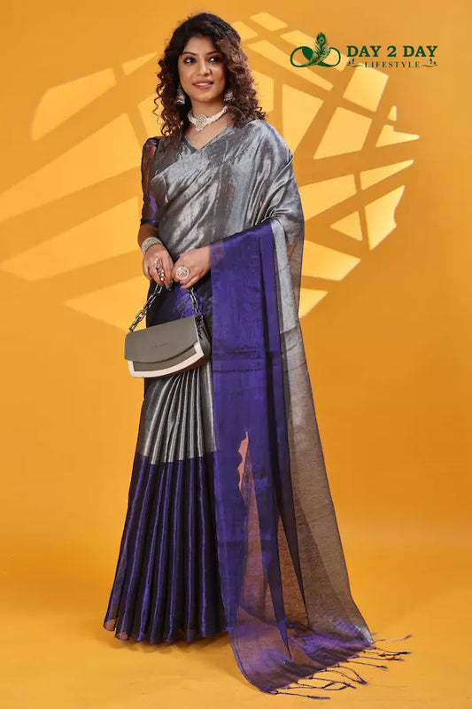 Twilight Bloom Blue – Rich & Regal Ready-to-Wear Saree | Premium Tissue Cotton