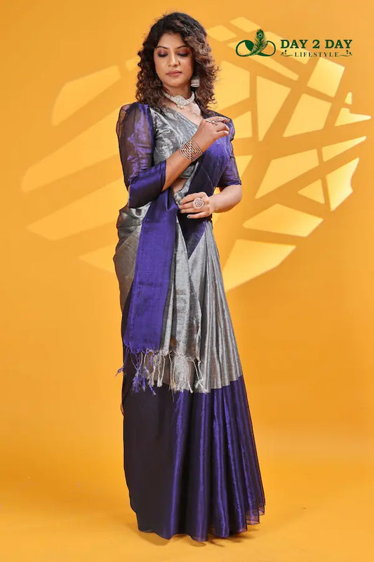 Twilight Bloom Blue – Rich & Regal Ready-to-Wear Saree | Premium Tissue Cotton