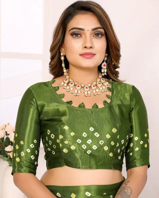 Mehndi Melody Green Bandhani Saree with Subtle Pallu | Gaji Silk Fabric