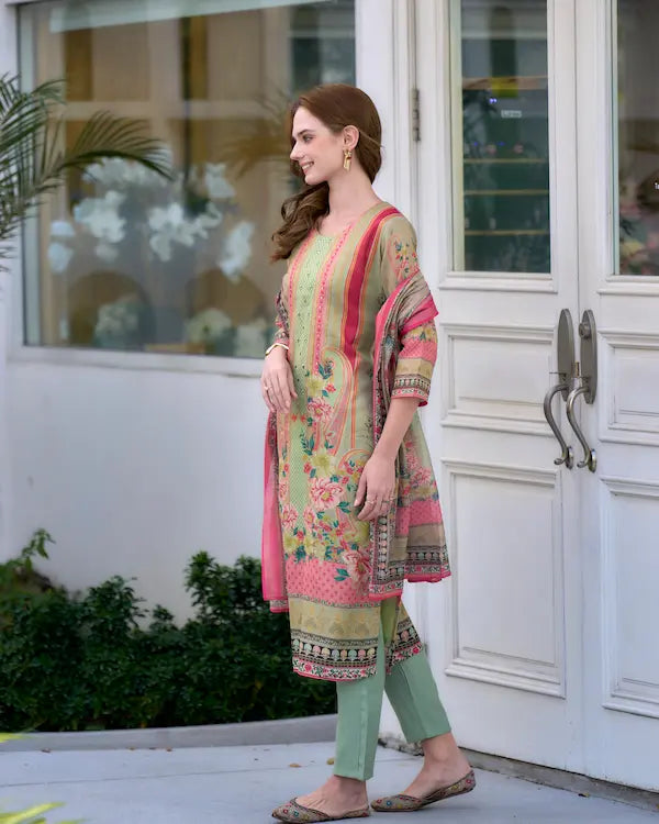 Mint Melody Green Embroidered Kurti Set with Dupatta | Silk Blend Fabric