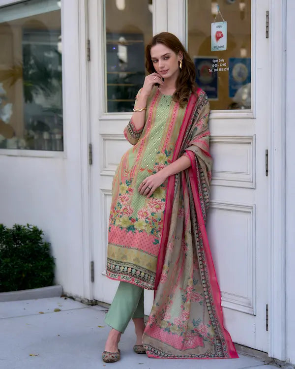 Mint Melody Green Embroidered Kurti Set with Dupatta | Silk Blend Fabric