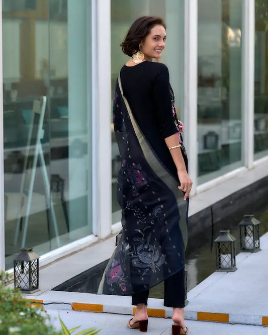 Noir Bloom Black Floral Embroidered Kurti Set with Dupatta | Rayon Fabric