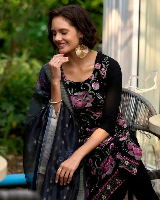 Noir Bloom Black Floral Embroidered Kurti Set with Dupatta | Rayon Fabric