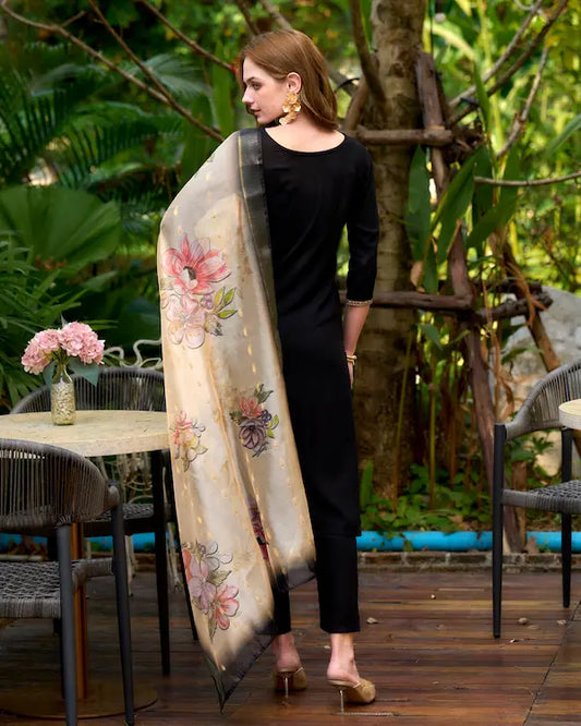 Midnight Muse Black Embroidered Kurti Set with Dupatta | Tissue Fabric