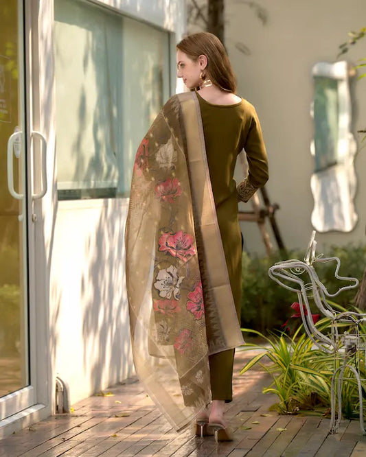 Olive Grace Mehndi Embroidered Kurti Set with Dupatta | Rayon Fabric