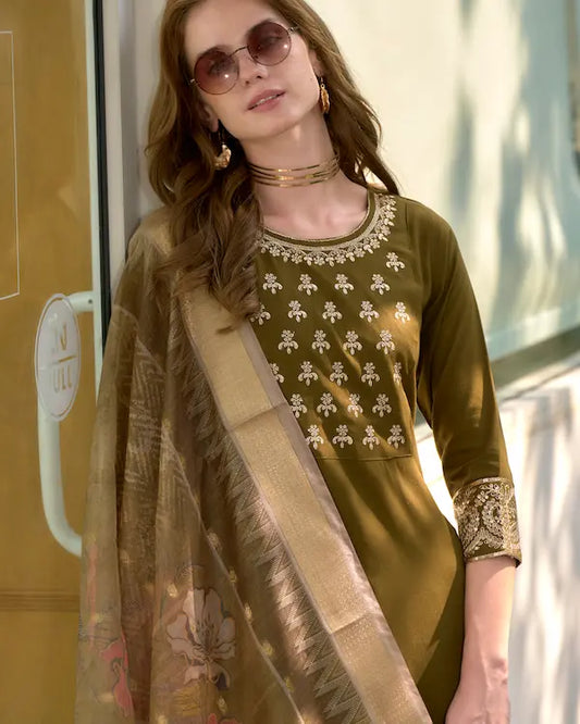 Olive Grace Mehndi Embroidered Kurti Set with Dupatta | Rayon Fabric
