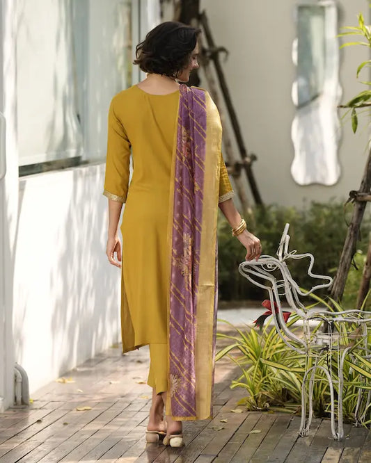 Golden Marigold Mustard Embroidered Kurti Set with Dupatta | Tissue Fabric