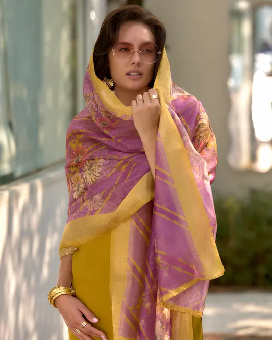 Golden Marigold Mustard Embroidered Kurti Set with Dupatta | Tissue Fabric