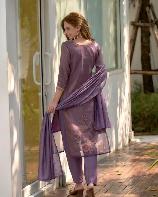 Lilac Purple Luxe – Embroidered Tissue Kurti Set with Dupatta | Tissue Fabric