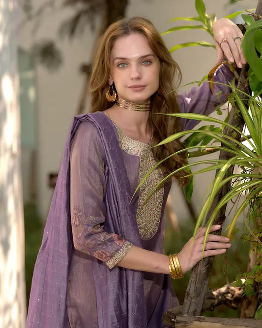 Lilac Purple Luxe – Embroidered Tissue Kurti Set with Dupatta | Tissue Fabric