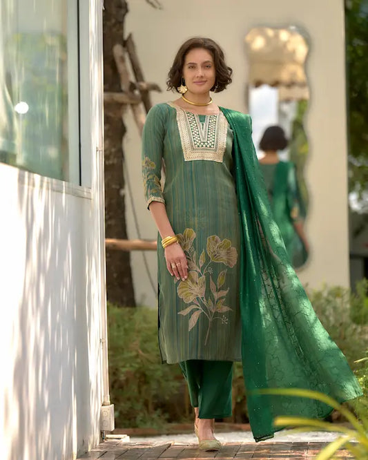 Emerald Green Grace – Embroidered Tissue Kurti Set with Dupatta | Tissue Fabric