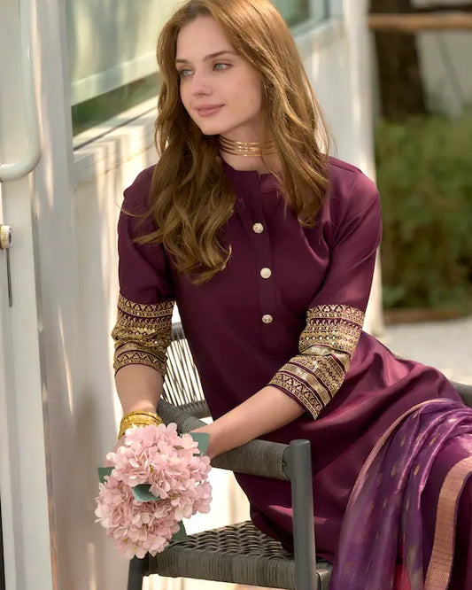 Velvet Bloom Wine Kurti Set with Printed Dupatta | Roman Fabric