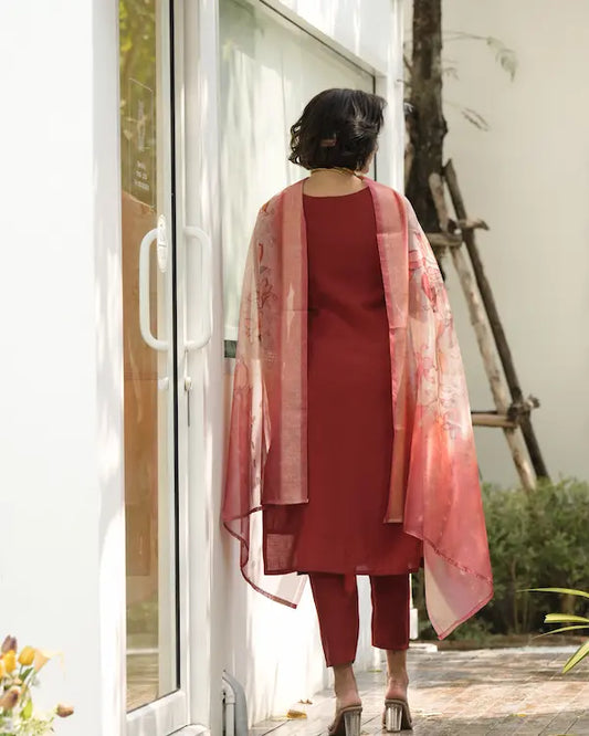 Ruby Bloom Red Embroidered Kurti Set with Dupatta | Tissue Fabric