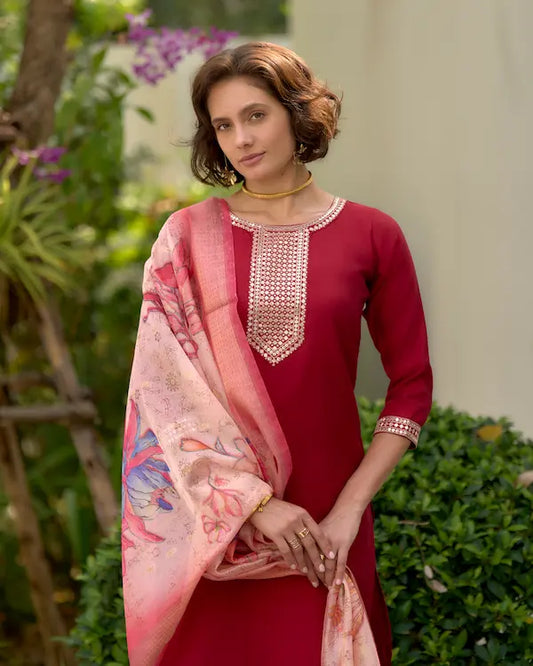 Ruby Bloom Red Embroidered Kurti Set with Dupatta | Tissue Fabric