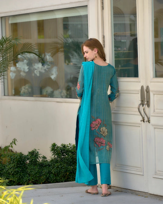 Rama Radiance Embroidered Kurti Set with Dupatta | Tissue Fabric