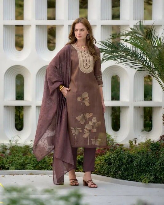 Mocha Muse Brown Embroidered Kurti Set with Dupatta | Tissue Fabric