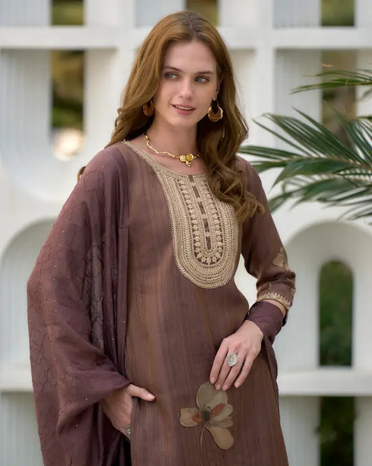 Mocha Muse Brown Embroidered Kurti Set with Dupatta | Tissue Fabric