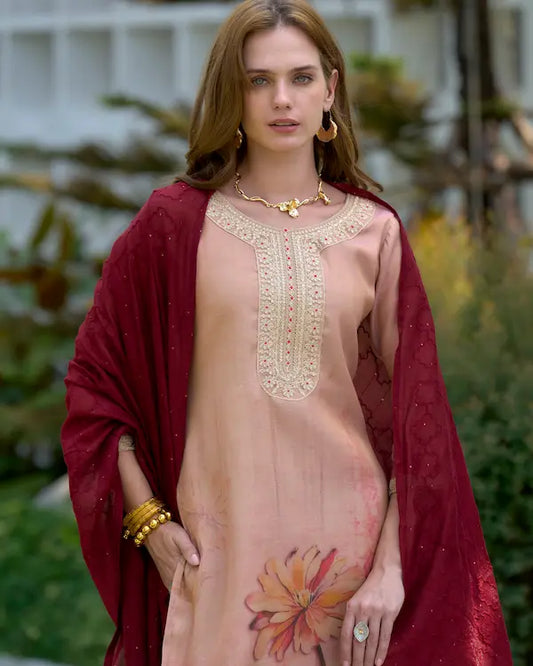 Peach Aura Floral Embroidered Kurti Set with Dupatta | Tissue Fabric