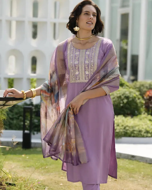 Lavender Luxe Embroidered Kurti Set with Printed Dupatta | Viscos-Rayon Fabric