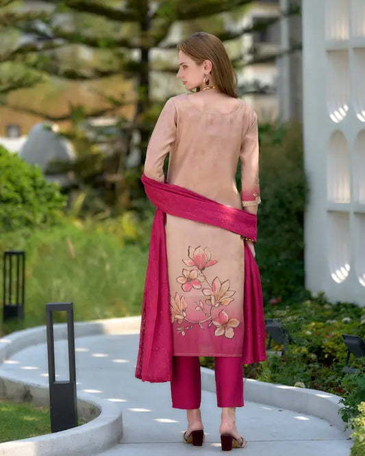Crimson Bloom Beige Embroidered Kurti Set with Dupatta | Tissue Fabric