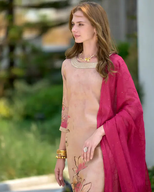 Crimson Bloom Beige Embroidered Kurti Set with Dupatta | Tissue Fabric