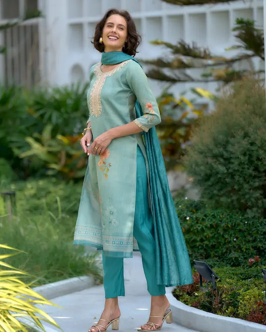 Mint Blossom – Floral Embroidered Tissue Kurti Set with Dupatta