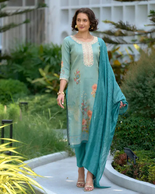 Mint Blossom – Floral Embroidered Tissue Kurti Set with Dupatta