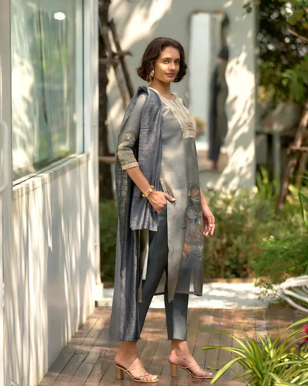 Shadow Bloom Grey – Embroidered Tissue Kurti Set with Dupatta | Tissue Fabric