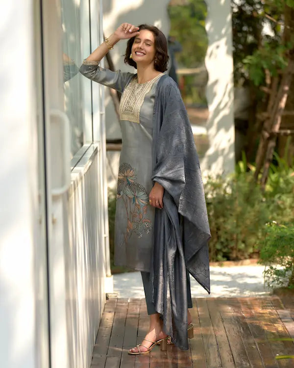 Shadow Bloom Grey – Embroidered Tissue Kurti Set with Dupatta | Tissue Fabric