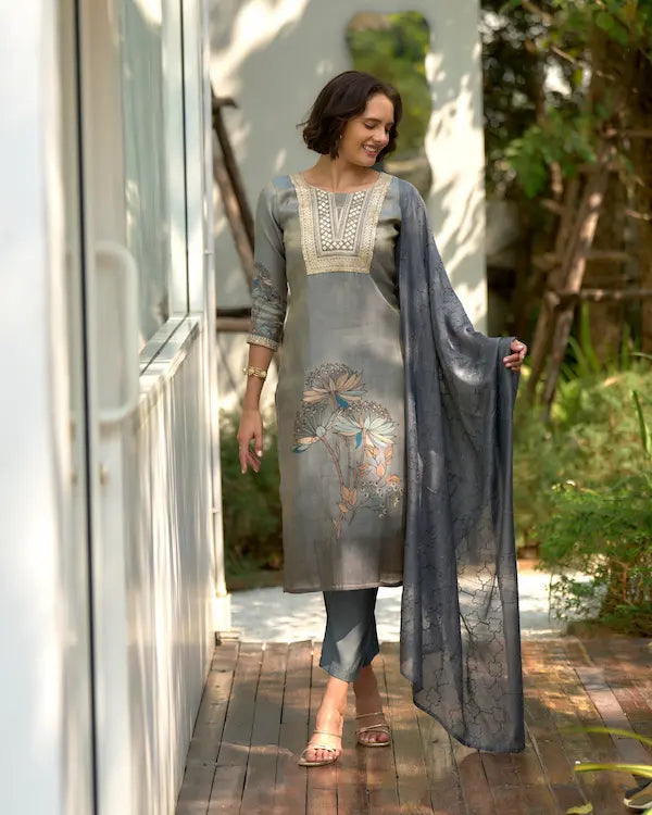 Shadow Bloom Grey – Embroidered Tissue Kurti Set with Dupatta | Tissue Fabric