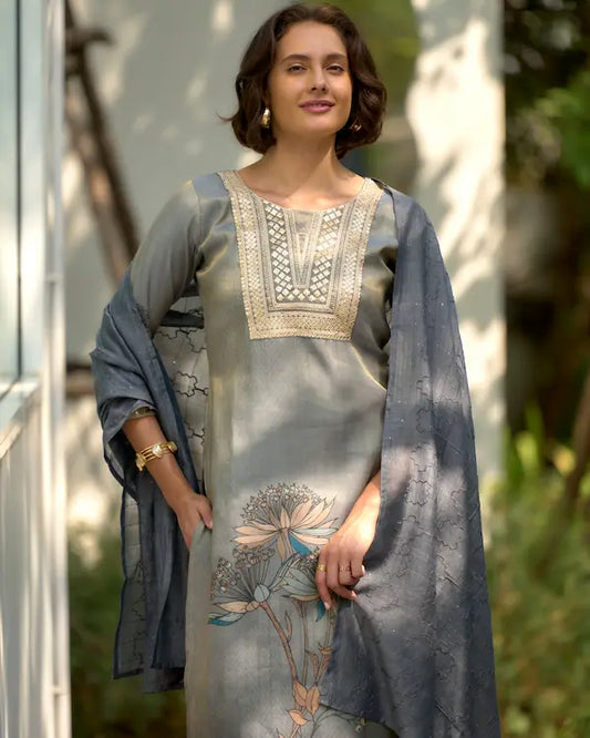 Shadow Bloom Grey – Embroidered Tissue Kurti Set with Dupatta | Tissue Fabric