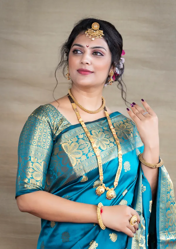 Firoji Banarasi Silk Saree with Golden Zari Floral & Paisley Weaving - Blouse Piece Included