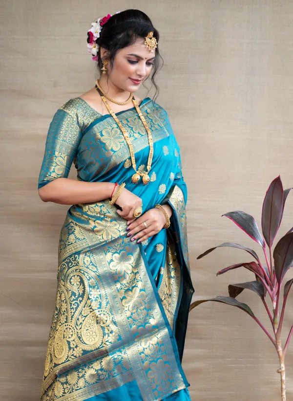 Firoji Banarasi Silk Saree with Golden Zari Floral & Paisley Weaving - Blouse Piece Included