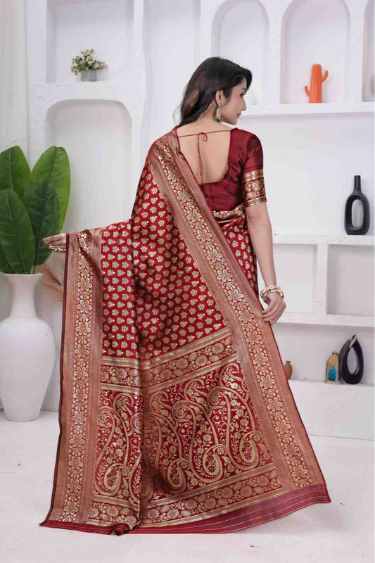 Maroon Banarasi Soft Silk Saree for Women with Rich Zari Jacquard Weaving | Daily Wear - Blouse Piece Included