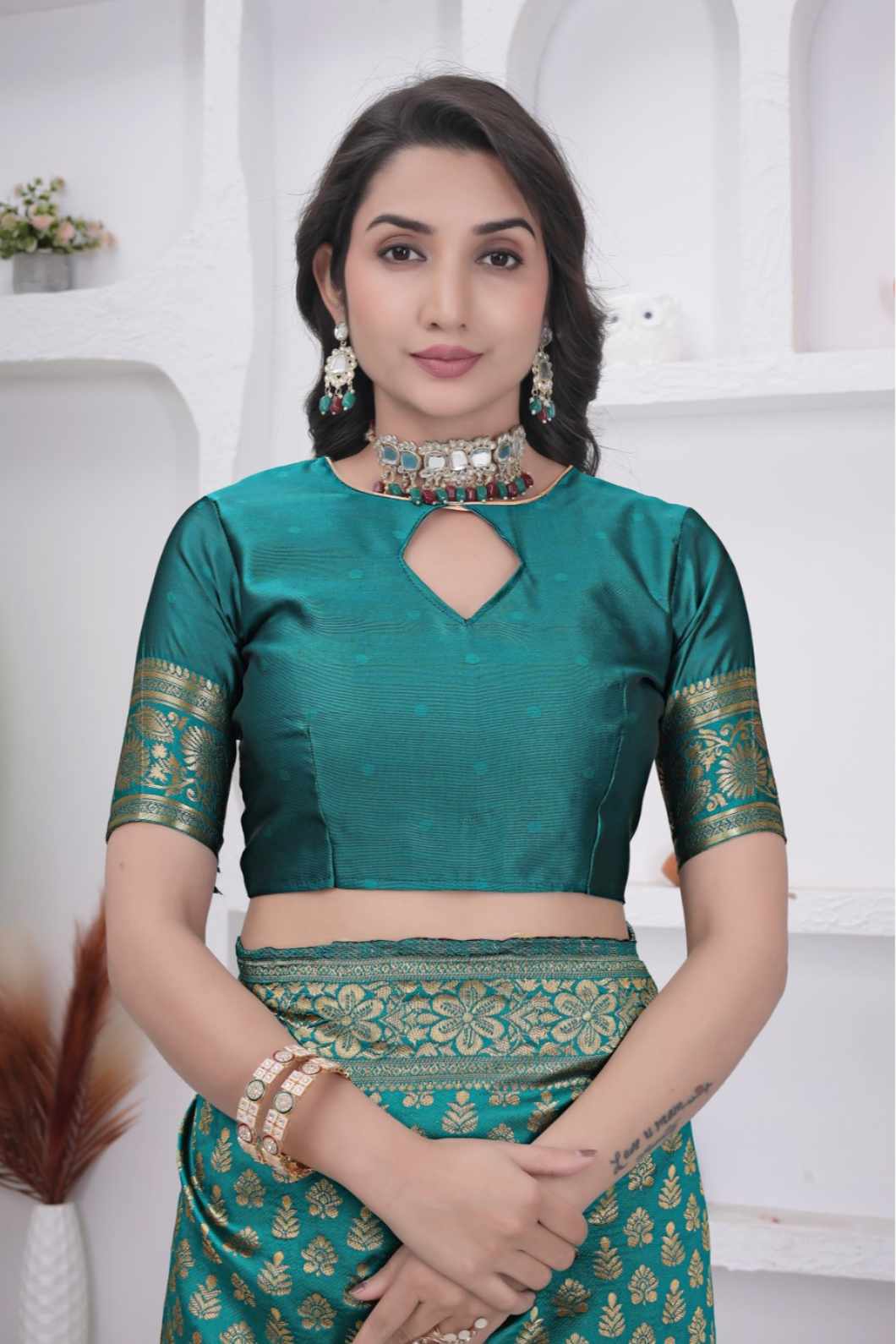 Rama Banarasi Soft Silk Saree for Women with Rich Zari Jacquard Weaving | Daily Wear - Blouse Piece Included