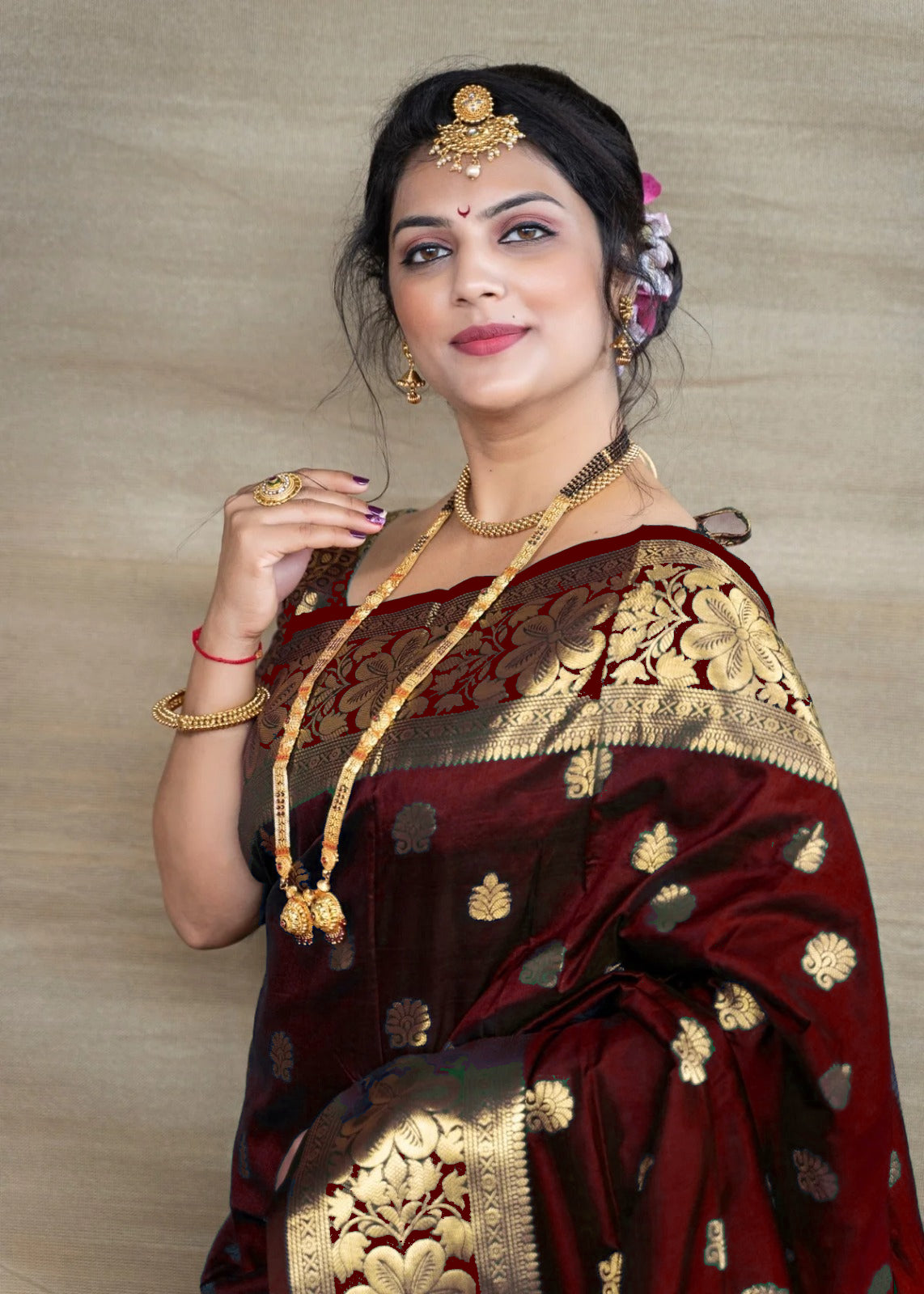 Maroon Banarasi Silk Saree with Golden Zari Floral & Paisley Weaving - Blouse Piece Included
