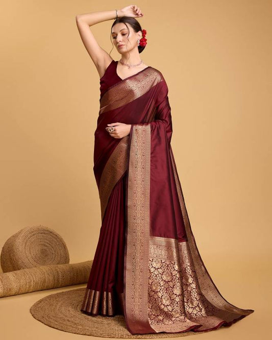 Maroon Kanjivaram Silk Saree with Rich Golden Zari Border & Pallu