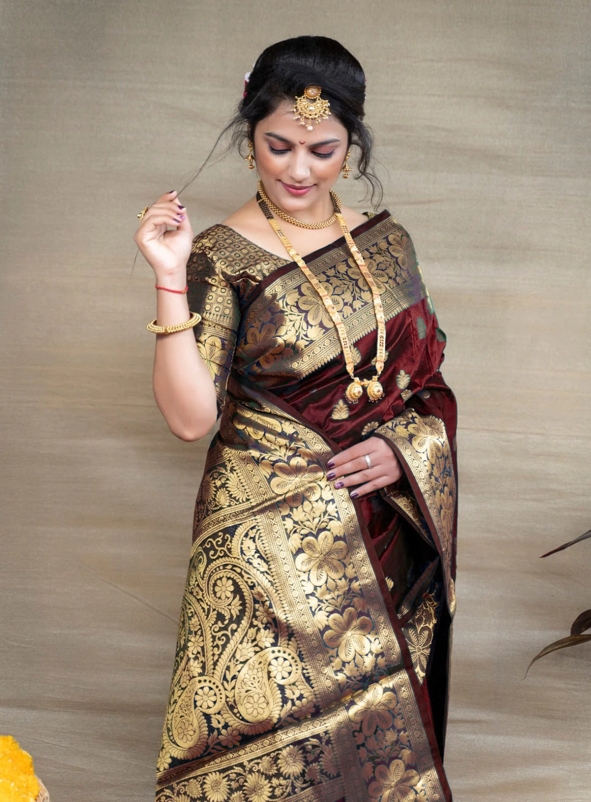 Maroon Banarasi Silk Saree with Golden Zari Floral & Paisley Weaving - Blouse Piece Included