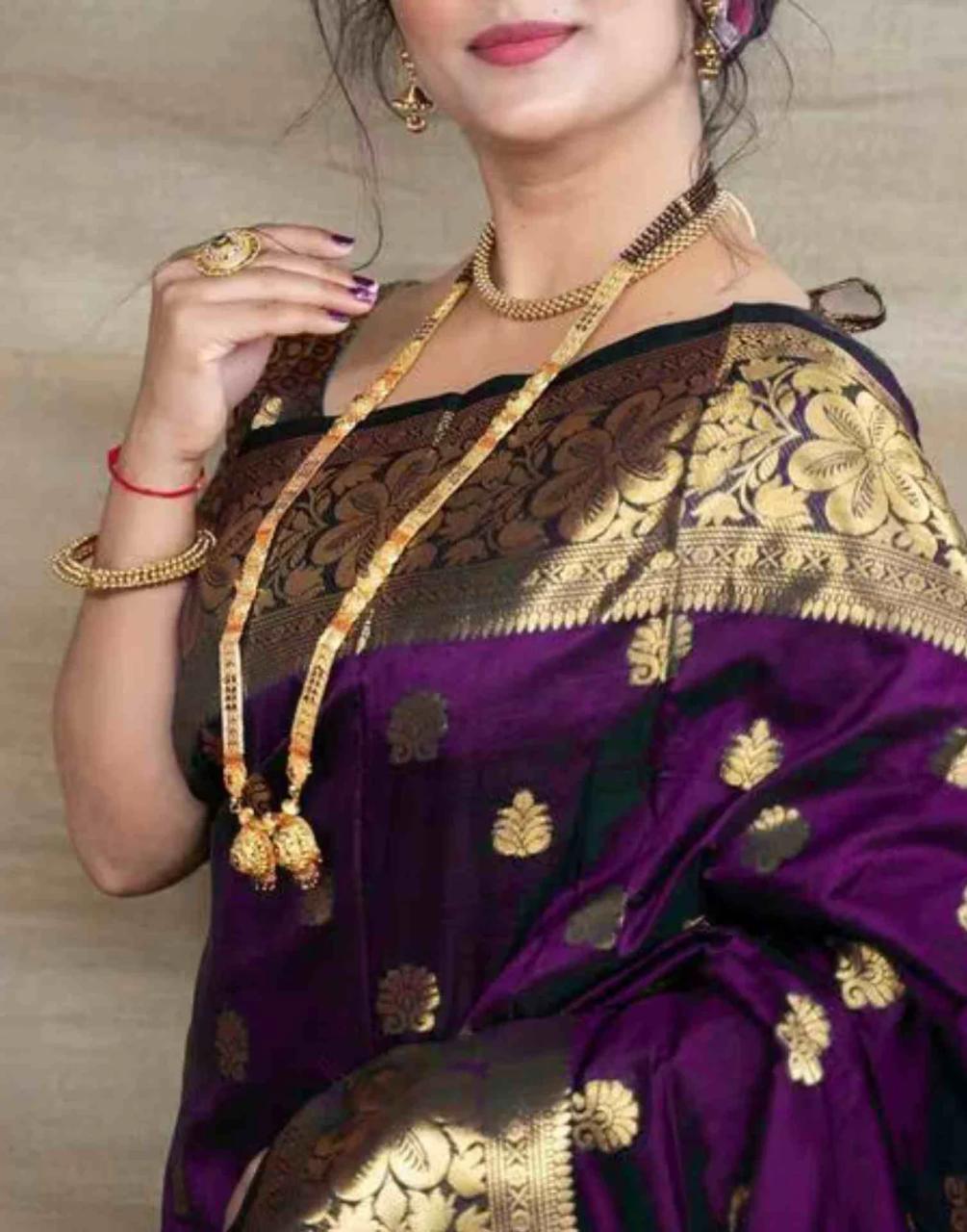 Wine Banarasi Silk Saree with Golden Zari Floral & Paisley Weaving - Blouse Piece Included