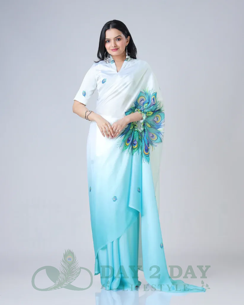 Peacock Feather Ombre Freehand Saree – Ready to Wear in 1 Minute | Hands-Free Draping (White & Sky Blue)
