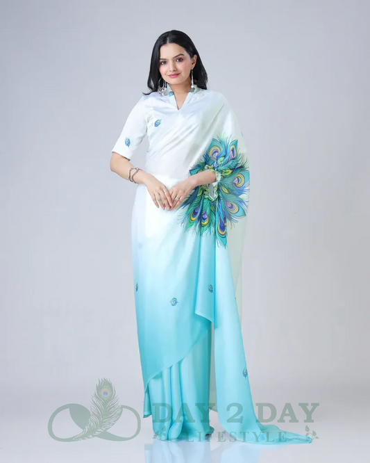 Peacock Feather Ombre Freehand Saree – Ready to Wear in 1 Minute | Hands-Free Draping (White & Sky Blue)