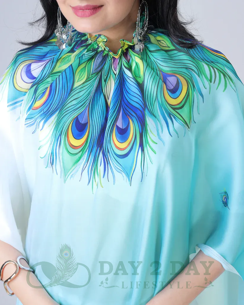 Peacock Feather Ombre Freehand Saree – Ready to Wear in 1 Minute | Hands-Free Draping (White & Sky Blue)