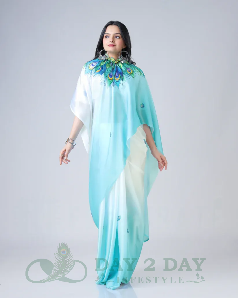 Peacock Feather Ombre Freehand Saree – Ready to Wear in 1 Minute | Hands-Free Draping (White & Sky Blue)