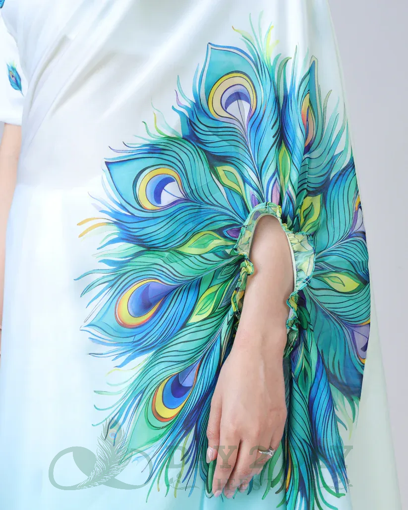 Peacock Feather Ombre Freehand Saree – Ready to Wear in 1 Minute | Hands-Free Draping (White & Sky Blue)