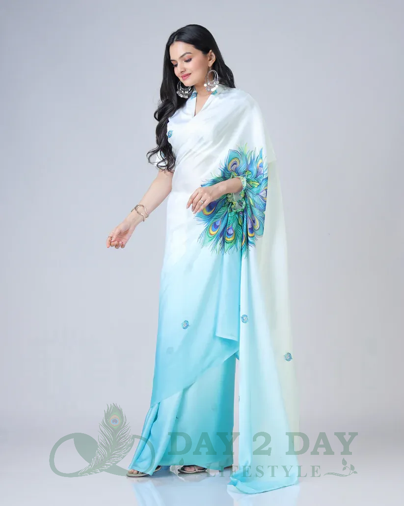 Peacock Feather Ombre Freehand Saree – Ready to Wear in 1 Minute | Hands-Free Draping (White & Sky Blue)