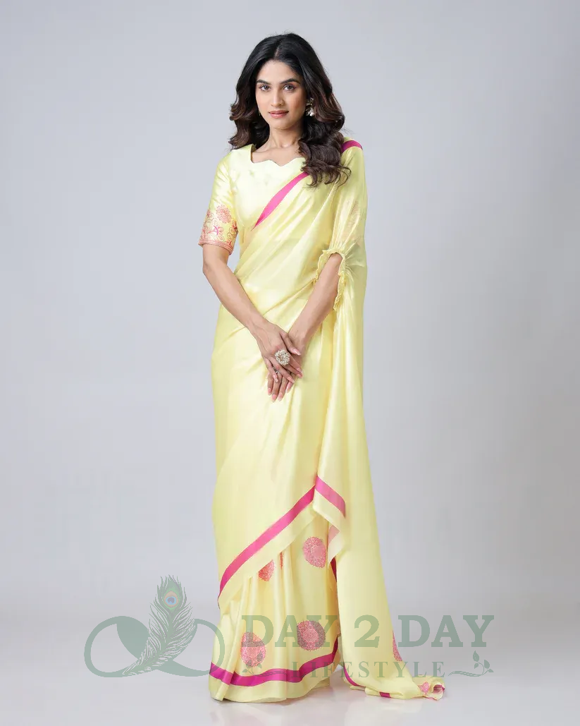 Polka Bloom Freehand Saree – Ready to Wear in 1 Minute | Hands-Free Draping (Lemon Yellow & Pink)