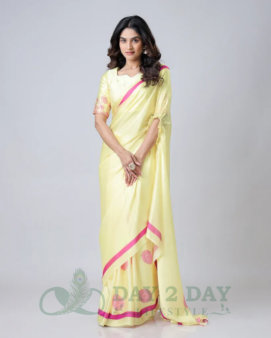 Polka Bloom Freehand Saree – Ready to Wear in 1 Minute | Hands-Free Draping (Lemon Yellow & Pink)