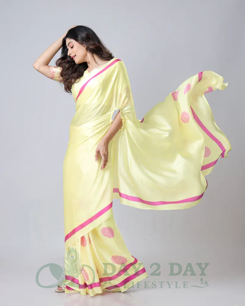 Polka Bloom Freehand Saree – Ready to Wear in 1 Minute | Hands-Free Draping (Lemon Yellow & Pink)