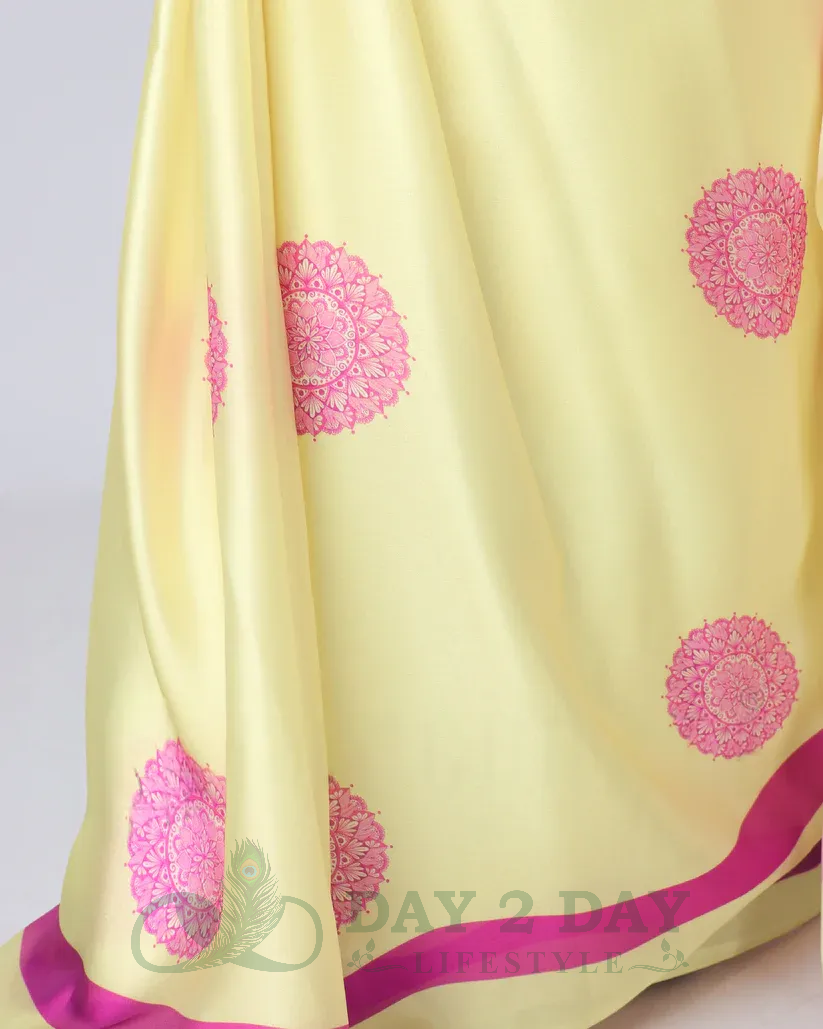 Polka Bloom Freehand Saree – Ready to Wear in 1 Minute | Hands-Free Draping (Lemon Yellow & Pink)