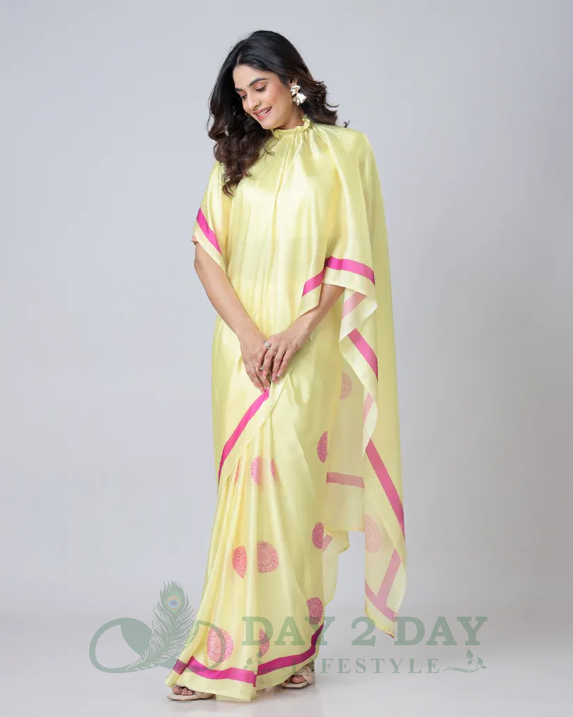 Polka Bloom Freehand Saree – Ready to Wear in 1 Minute | Hands-Free Draping (Lemon Yellow & Pink)